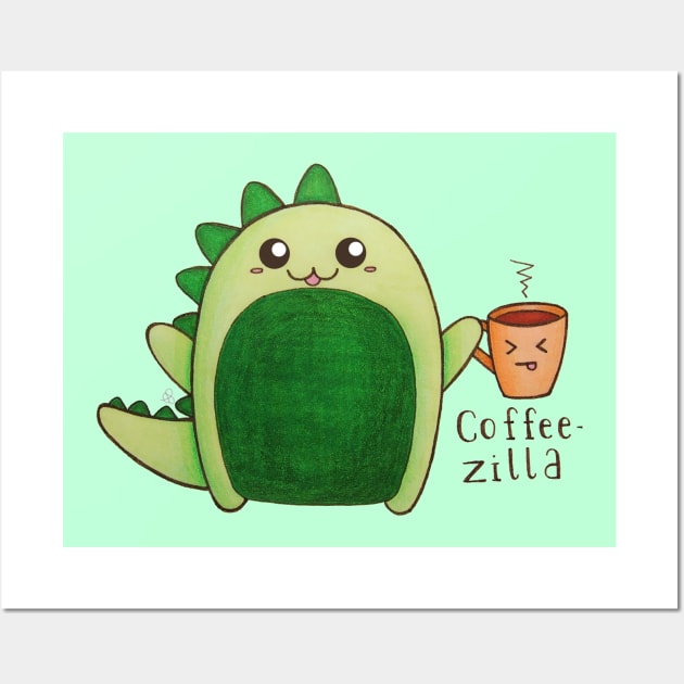 Coffeezilla - Kawaii Dinosaur with a Caffeine Addiction Wall Art by Elinaana